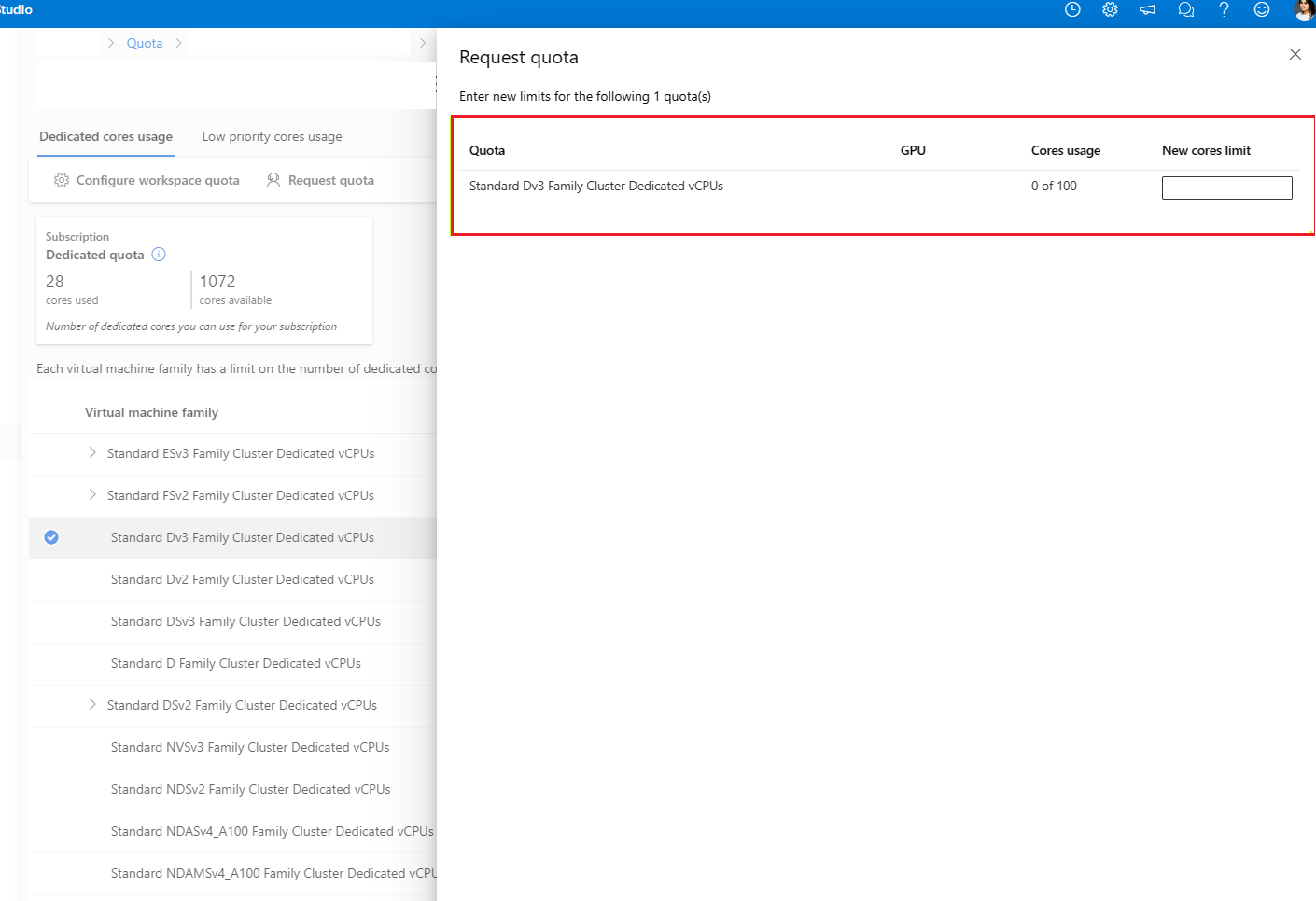 Screenshot of the new VM quota request form.