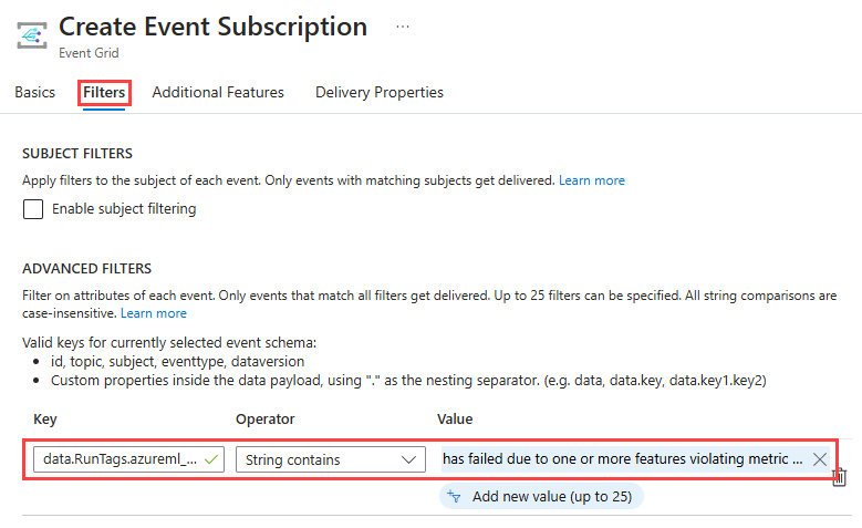Screenshot of the Create Event Description page in the Azure portal. The Filters tab and the values under Key, Operator, and Value are highlighted.