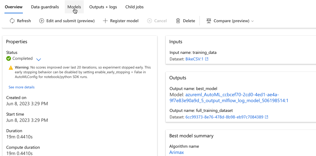 Screenshot of navigating through model exploration interface showing Overview and Metrics tabs for viewing model properties and performance charts.