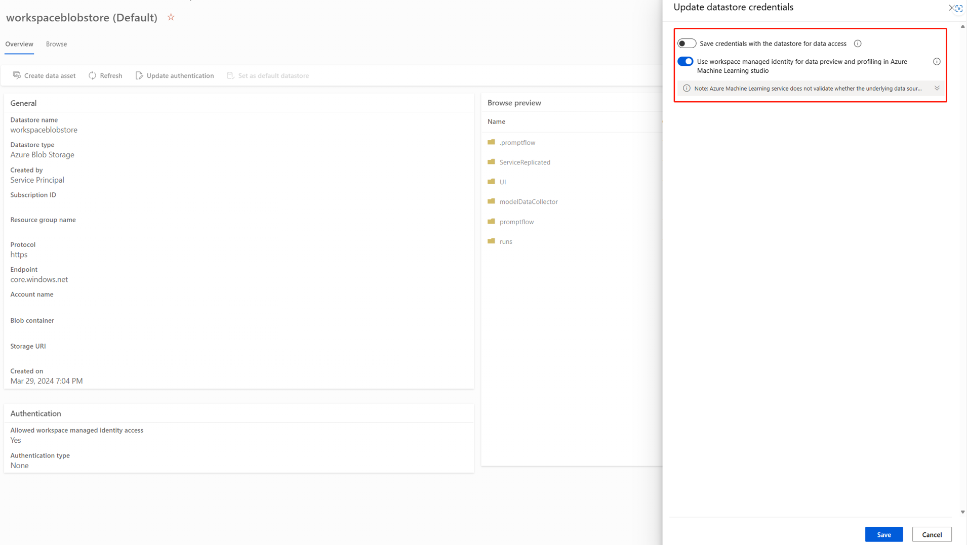 Screenshot of update auth type for blob based datastore. 
