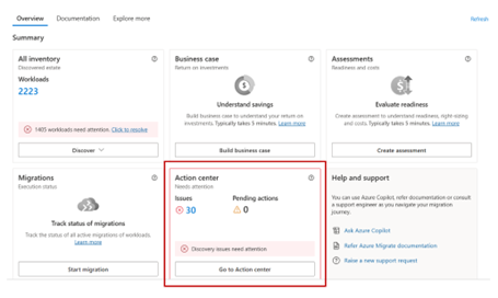 Screenshot of Azure Migrate dashboard with Action Center tile.