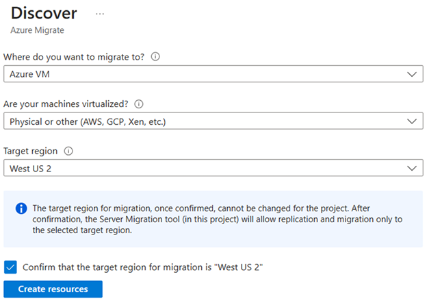 Screenshot shows the azure migrate discover screen