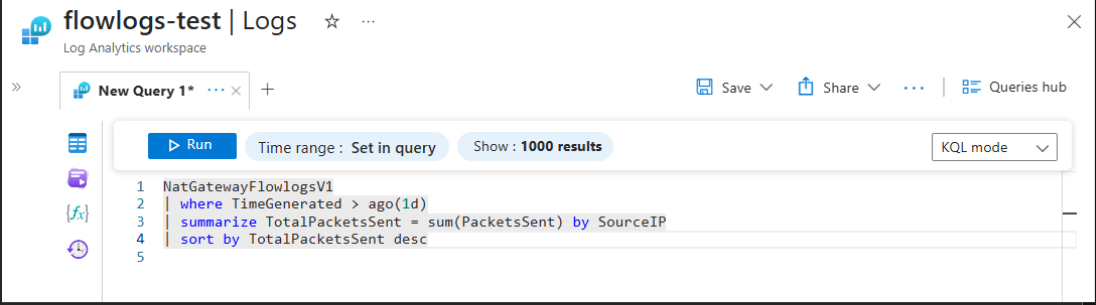 Screenshot of query editor with NAT Gateway top talkers kusto query.