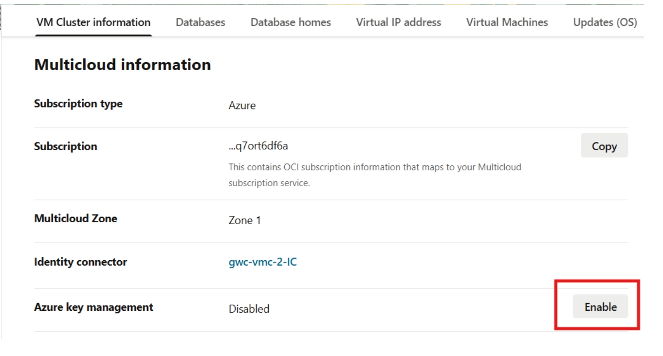 Screenshot that shows where to enable Azure key management on the OCI console.
