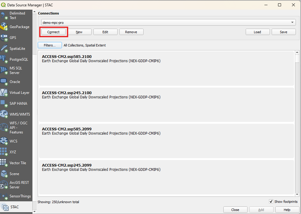 Screenshot of the Data Source Manager showing the configured STAC connection before querying.