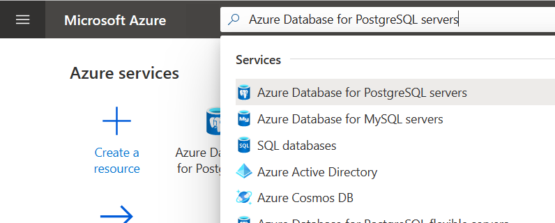 Screenshot that shows how to search and select Azure Database for PostgreSQL flexible server instance.