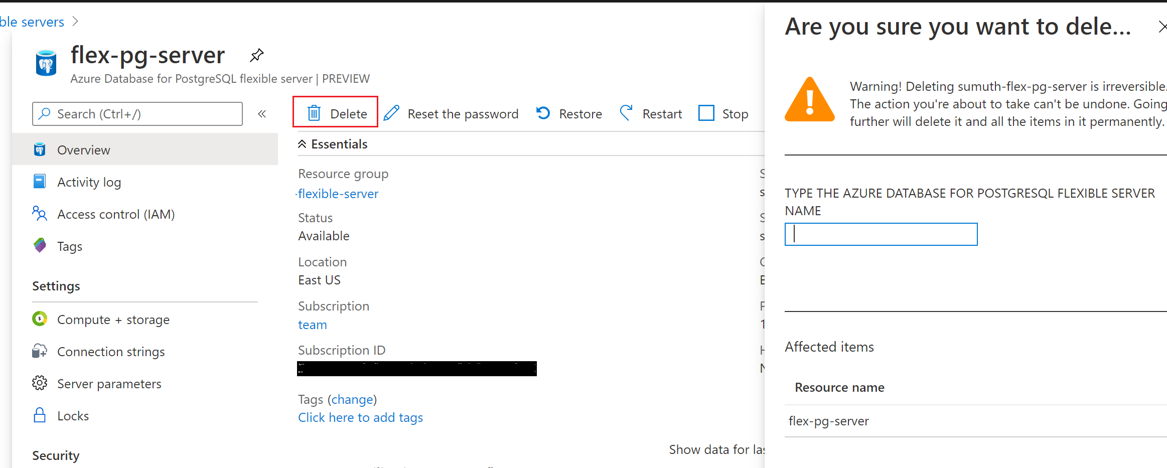 Delete the Azure Database for PostgreSQL flexible server instance