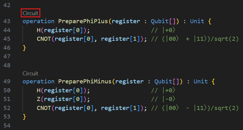 Screenshot of Visual Studio Code showing how to visualize the circuits in the Q# circuits pane after debugging the program.