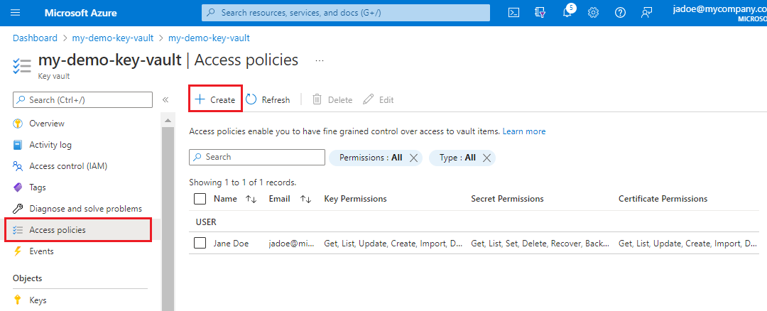 Screenshot of the Access Policy command in the left pane.