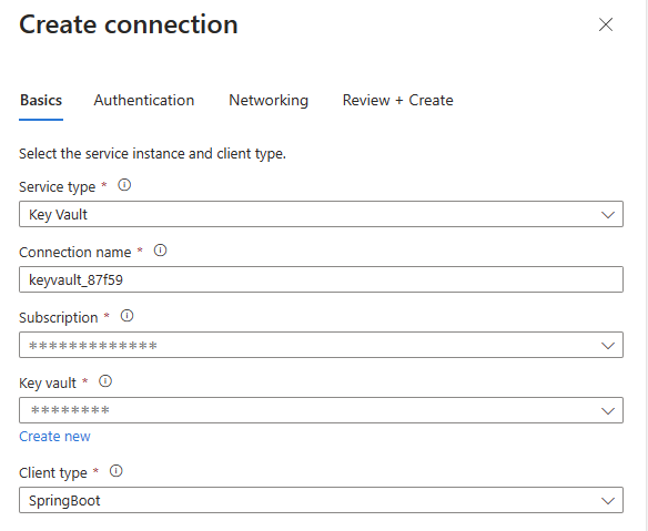 Screenshot of the Azure portal, fill basic info to create a connection.