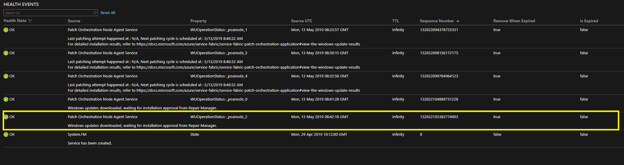 Screenshot shows console window of Windows Update operation status with poanode_1 highlighted.