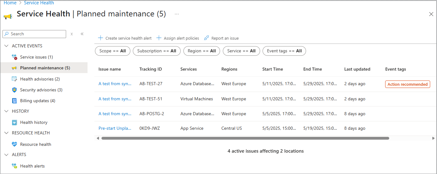Screenshot of planned maintenance impacted resources in Azure Service Health.
