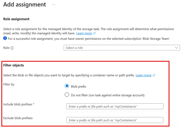 Screenshot that shows the filter objects section of the add assignment pane.