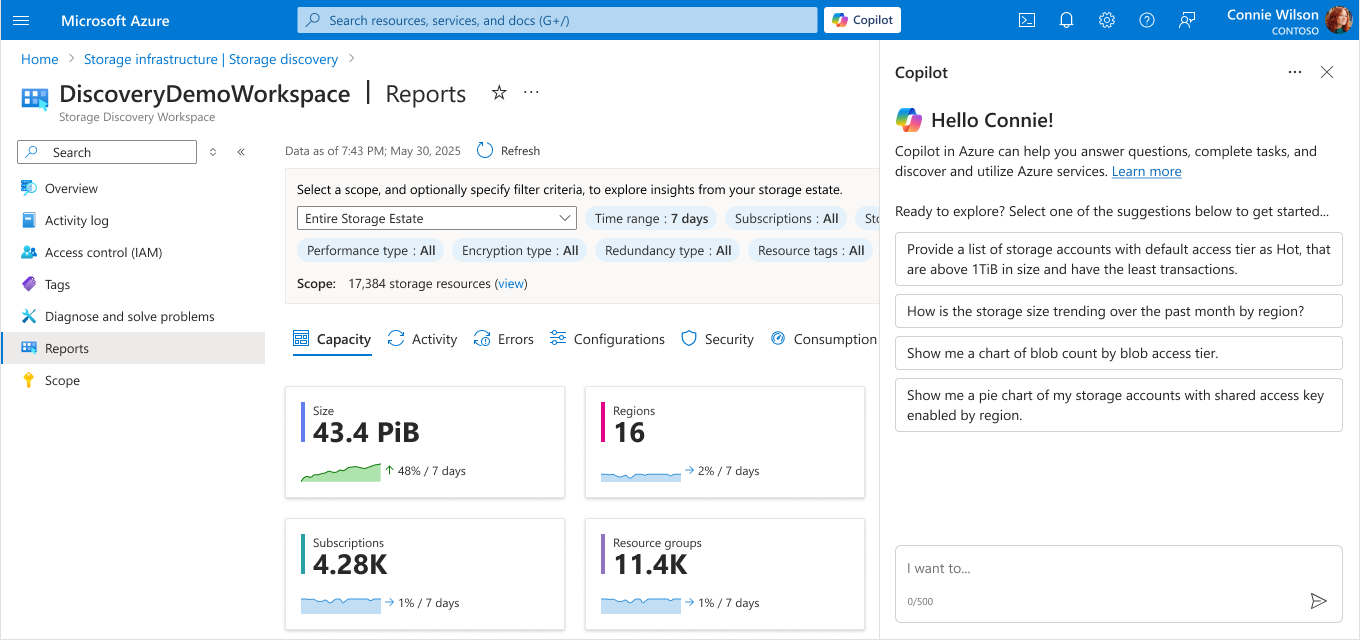 Azure portal screenshot with Copilot chat open and showing useful Discovery sample prompts.