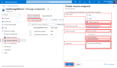 A screen capture showing the Endpoints page containing the Create Source Endpoint pane with required fields displayed.