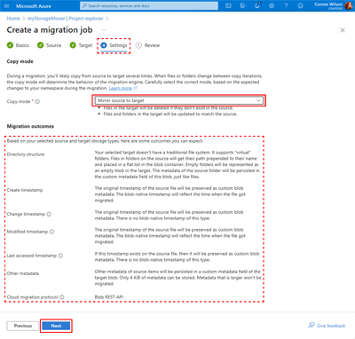 A screen capture showing the Create a Migration Job page with the Settings tab selected and migration outcomes displayed.