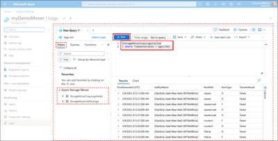 Screen capture identifying the panes within the Log Analytics schema and filter page.