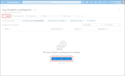 Screen capture illustrating the methods of creating an Azure Analytics Workspace.