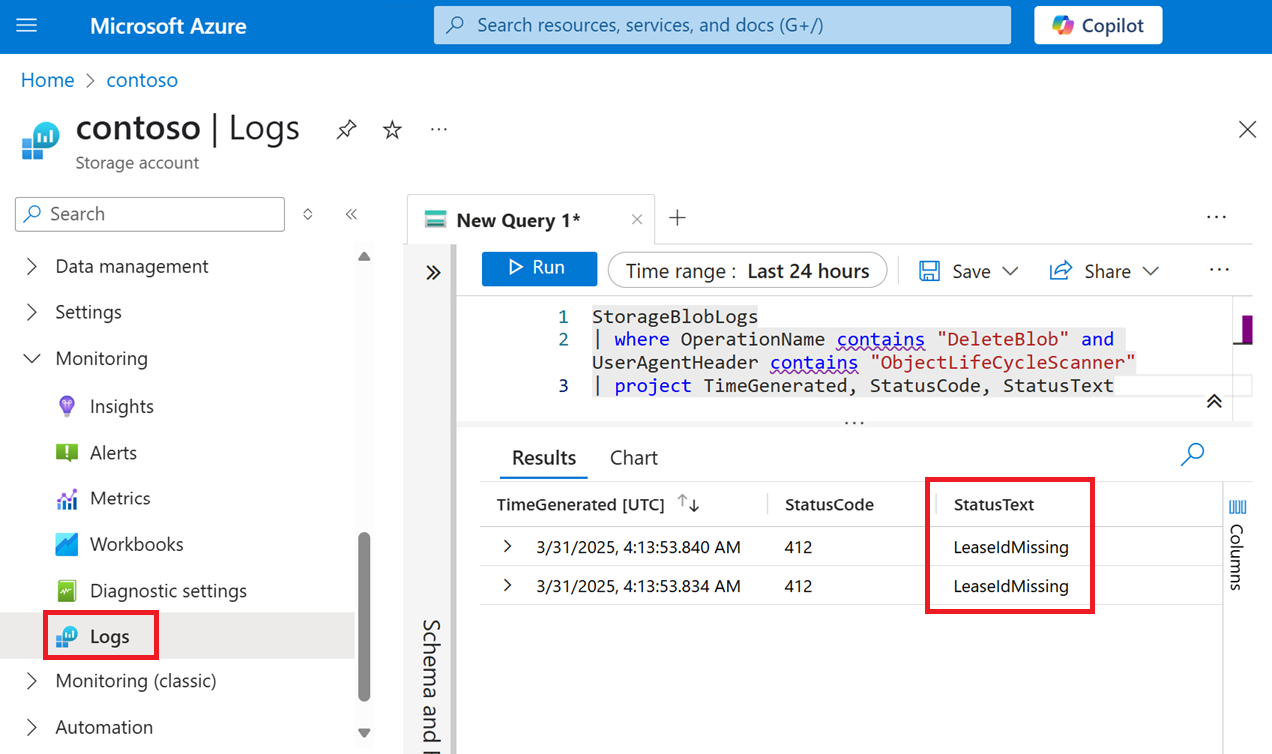 Screenshot showing a kusto query and the results of the query which shows failed attempts to delete objects.