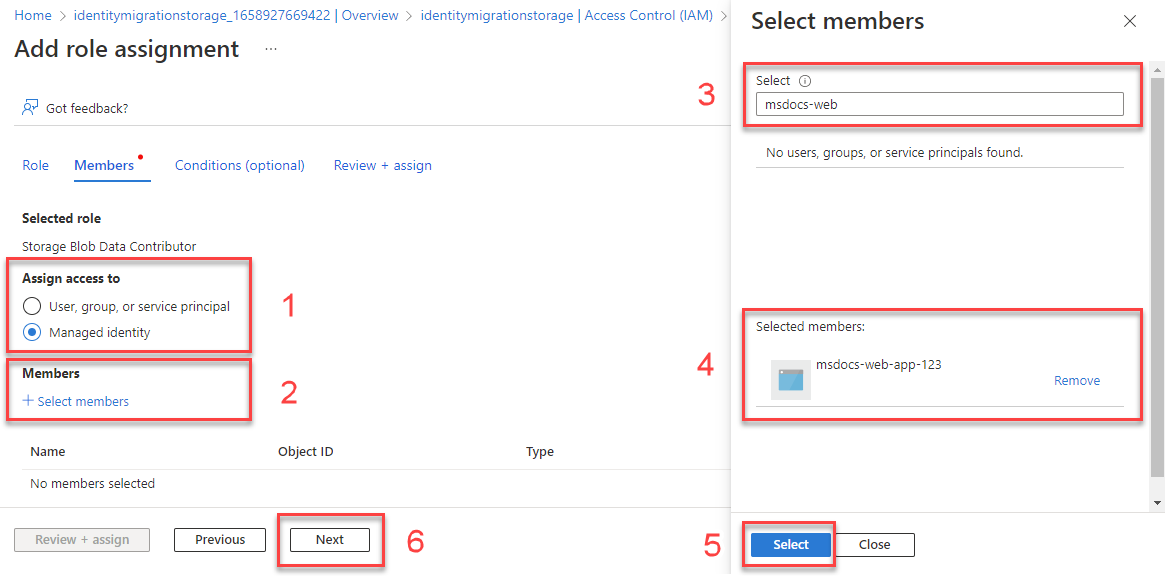 Screenshot showing how to assign a role to a system-assigned managed identity in the Azure portal.