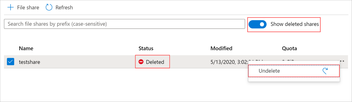 Screenshot of the undelete option on a deleted file share in the Azure portal.