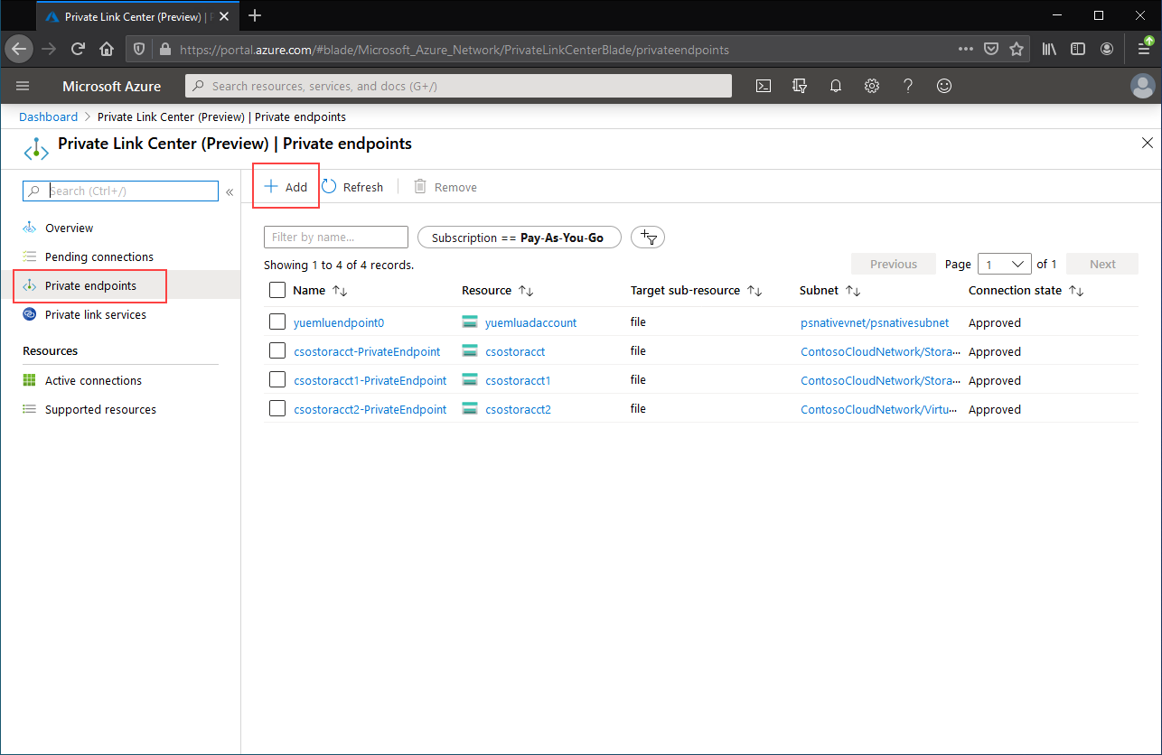A screenshot of the private link center