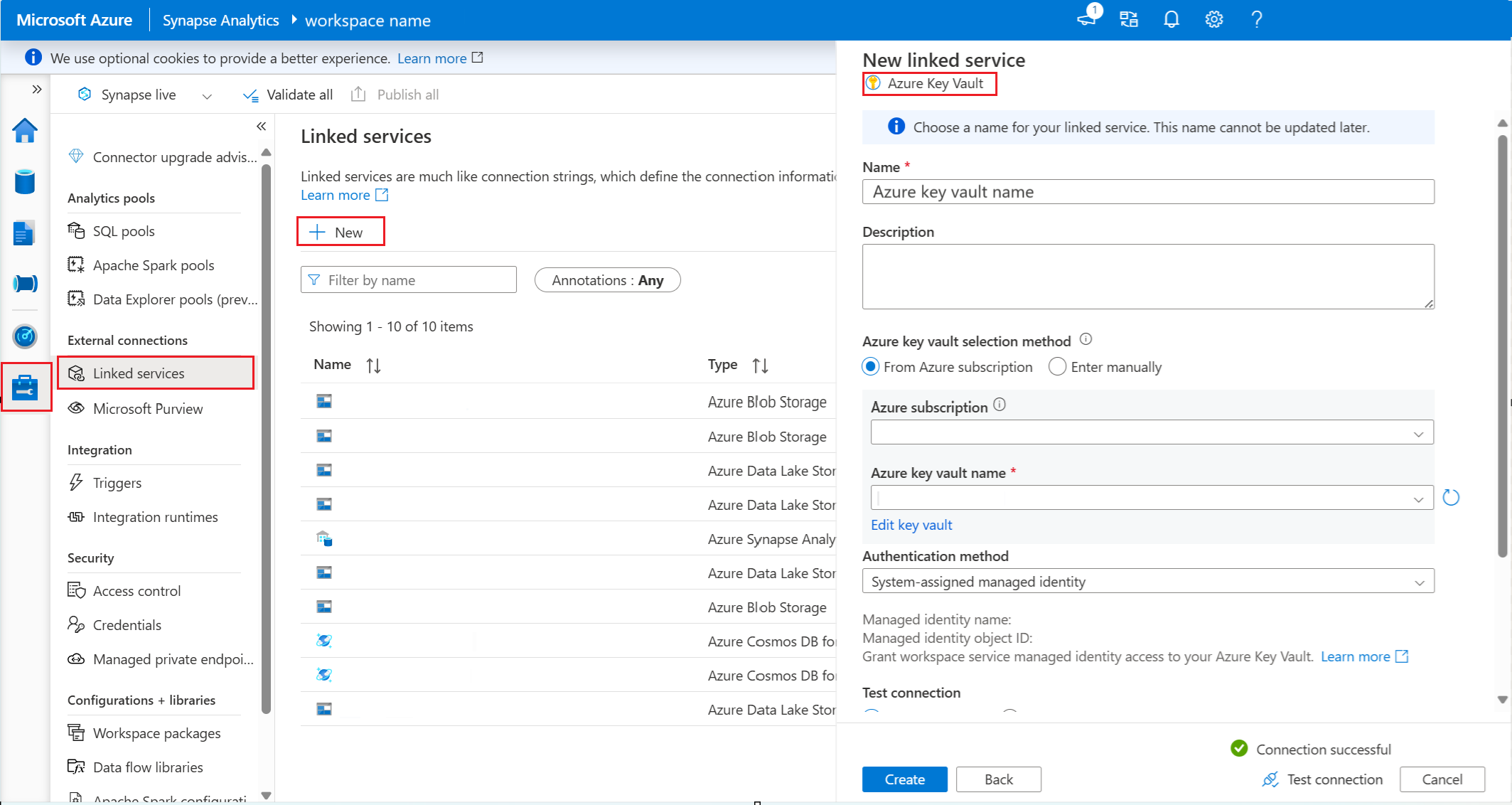 Screenshot showing create a linked service in synapse.