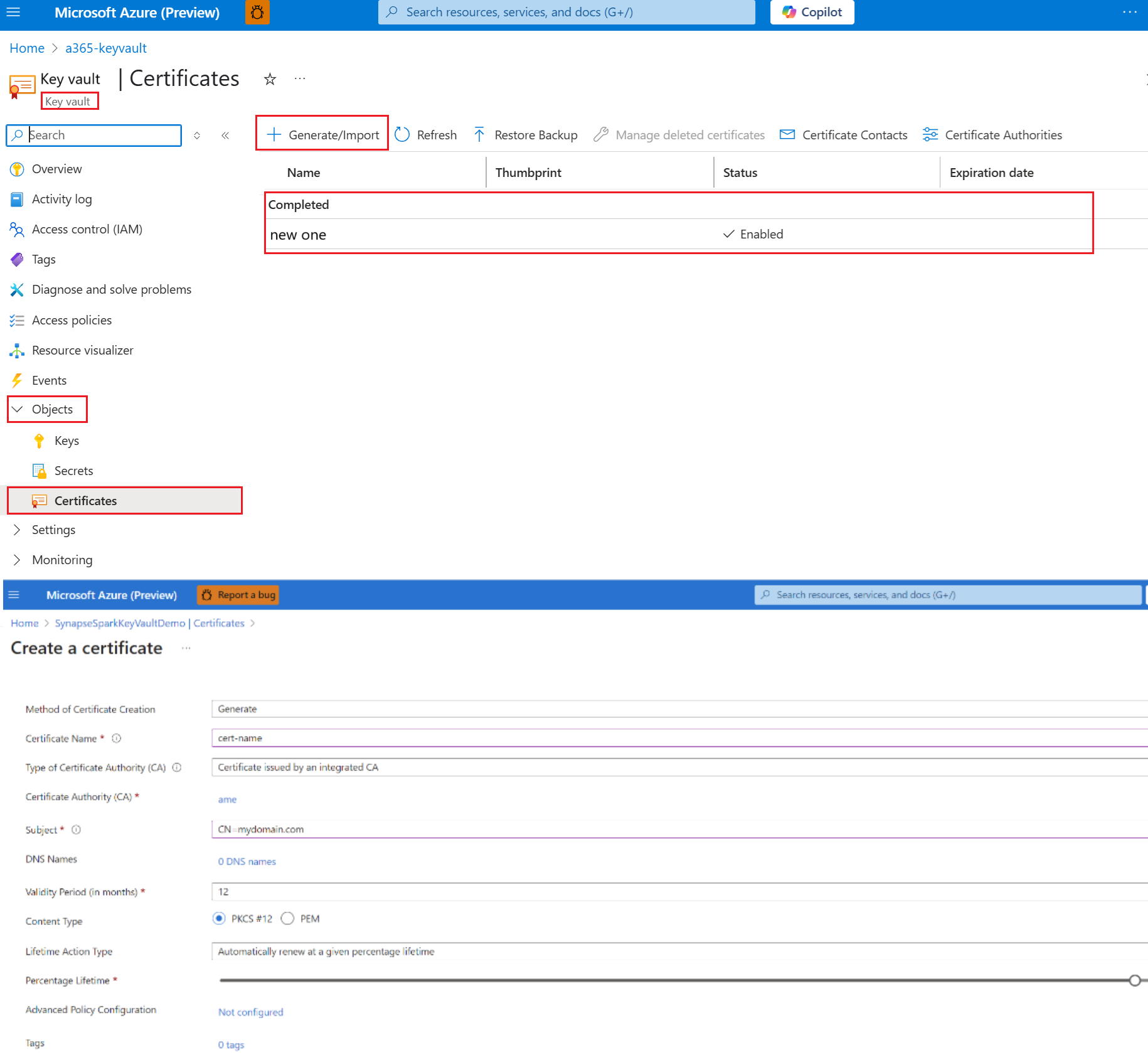 Screenshot showing generate a new certificate for app.
