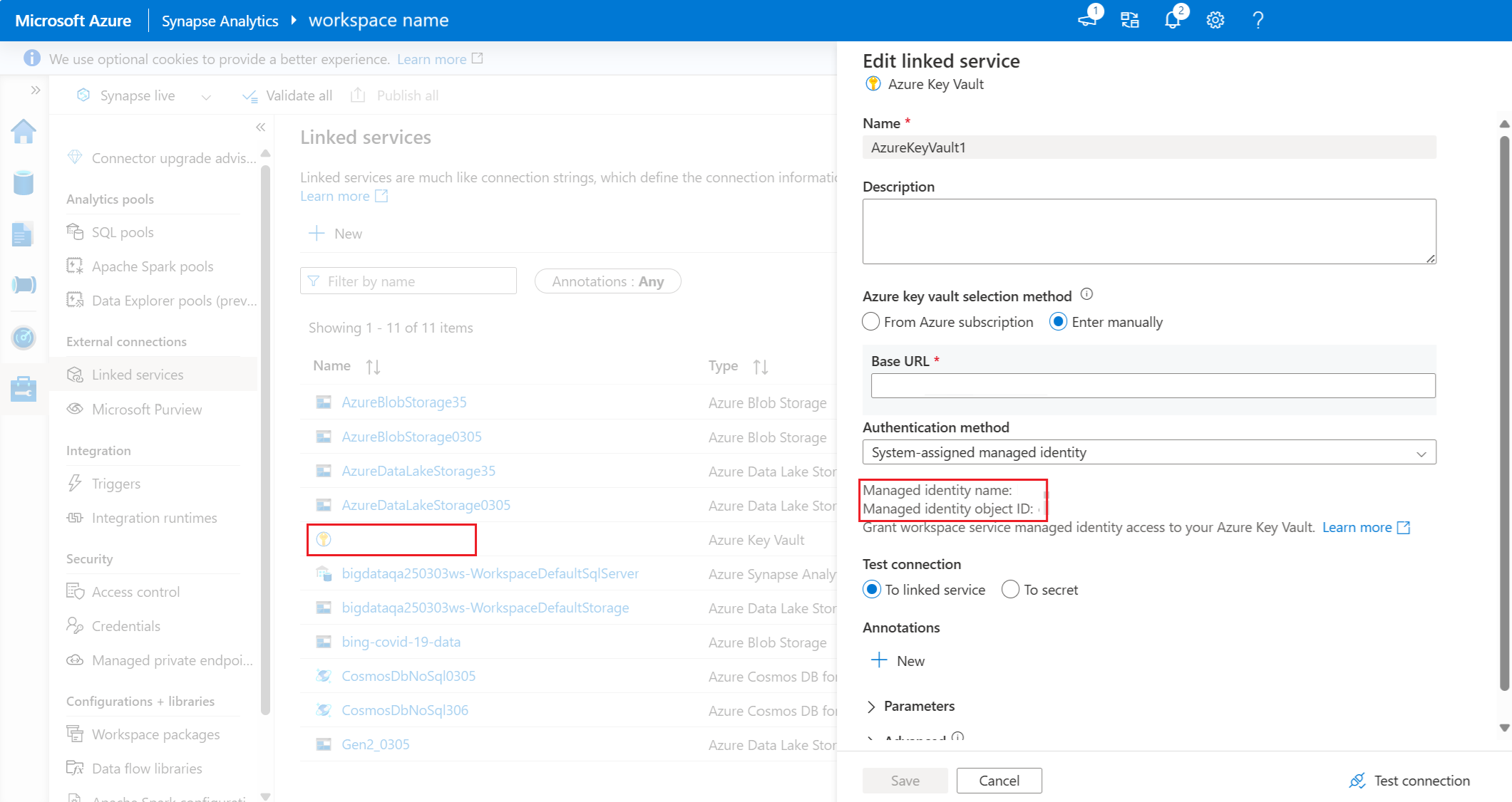 Screenshot showing managed identity name and object ID are in edit linked service.