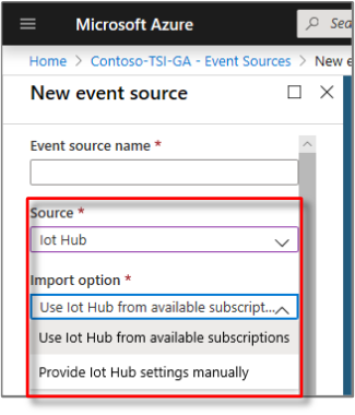 Select options in the New event source pane