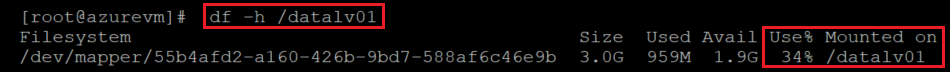 Screenshot showing the code that checks the sizes of the local volume and the file system with the command and result highlighted.