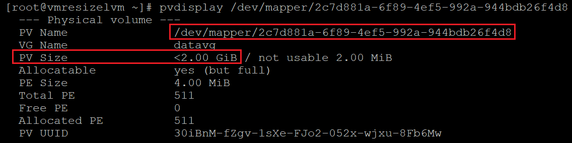 Screenshot showing the code that checks the size of the current physical volume with the results highlighted.