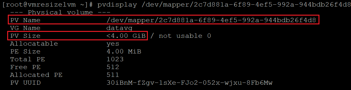 Screenshot showing the code that checks the size of the physical volume with the results highlighted.