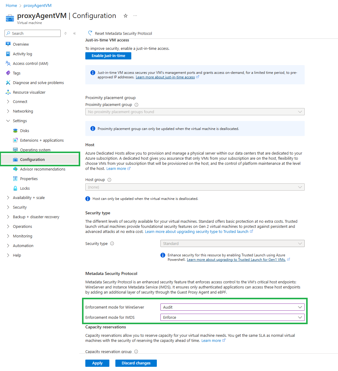 Screenshot that shows selections for enabling Metadata Security Protocol on an existing virtual machine.
