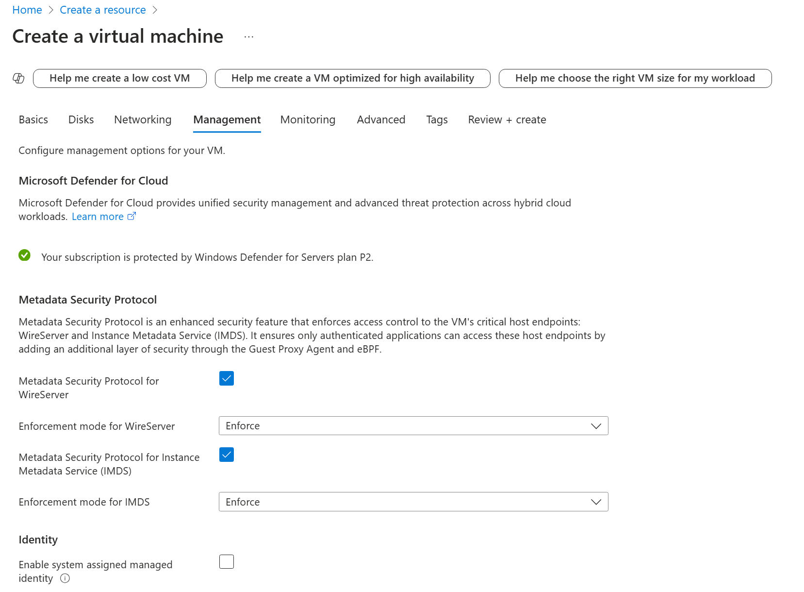 Screenshot that shows selections for deploying a new virtual machine with Metadata Security Protocol.