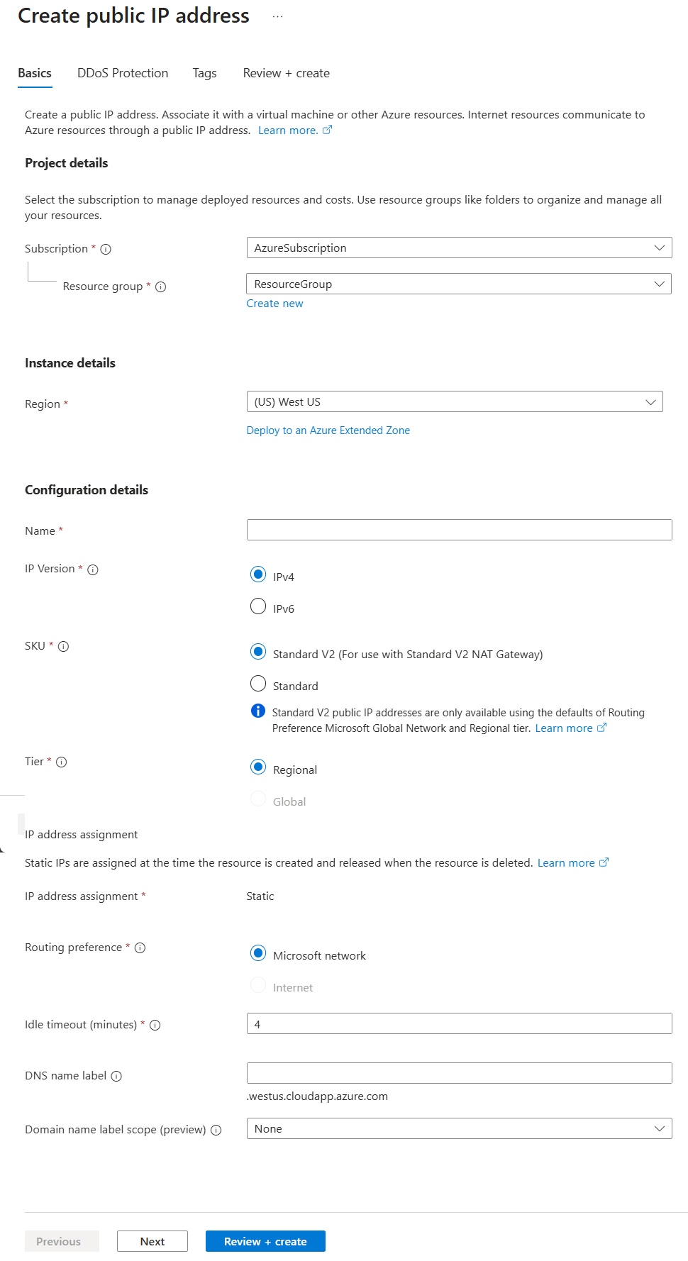 Screenshot that shows the Create public IP address Basics tab settings for a Standardv2 SKU.