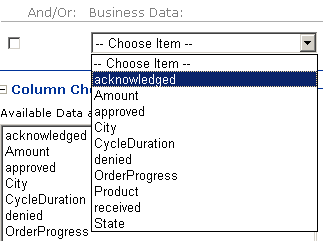 ActivitySearchQueryBuilderBusinessDataDropdown Image that shows how to build a new query by selecting a business data item from the Business Data list.