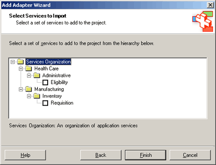 ebiz_prog_custad_tree Image that shows the Select Services to Import page in the Add Adapter Metadata Wizard.