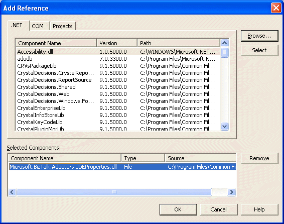 JDE_properties_selection Image that shows the Selected Components section on the Add Reference screen.