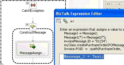 SiebelAdapter_21_ExceptionHandling_Message3Test Screenshot that shows the BizTalk Expression Editor.