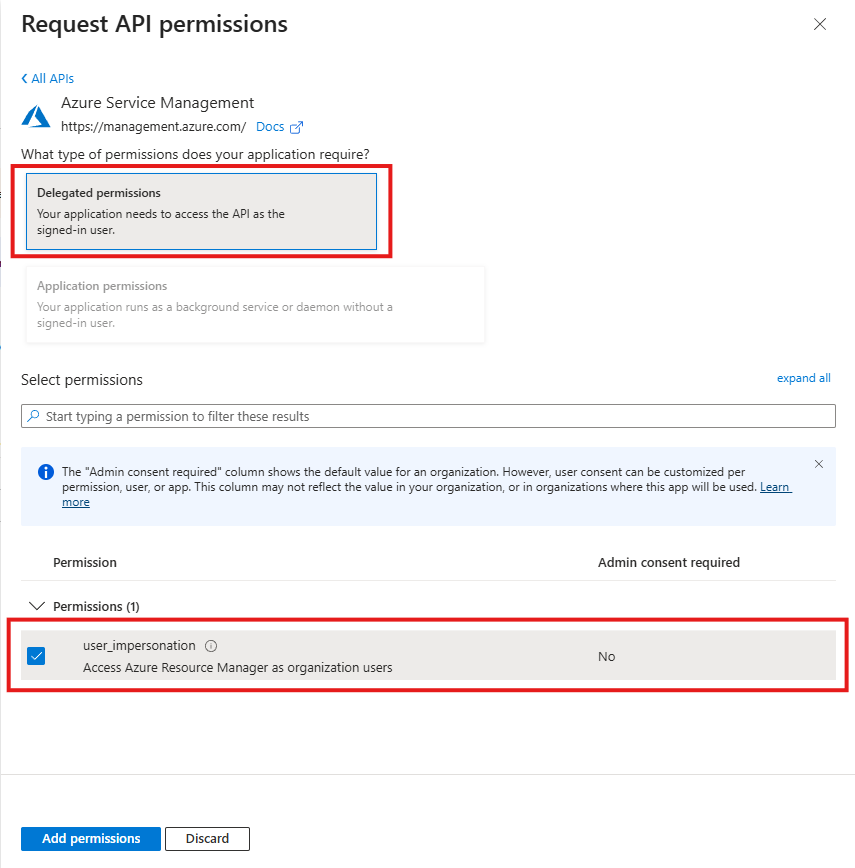 Screenshot of delegated permissions selection.