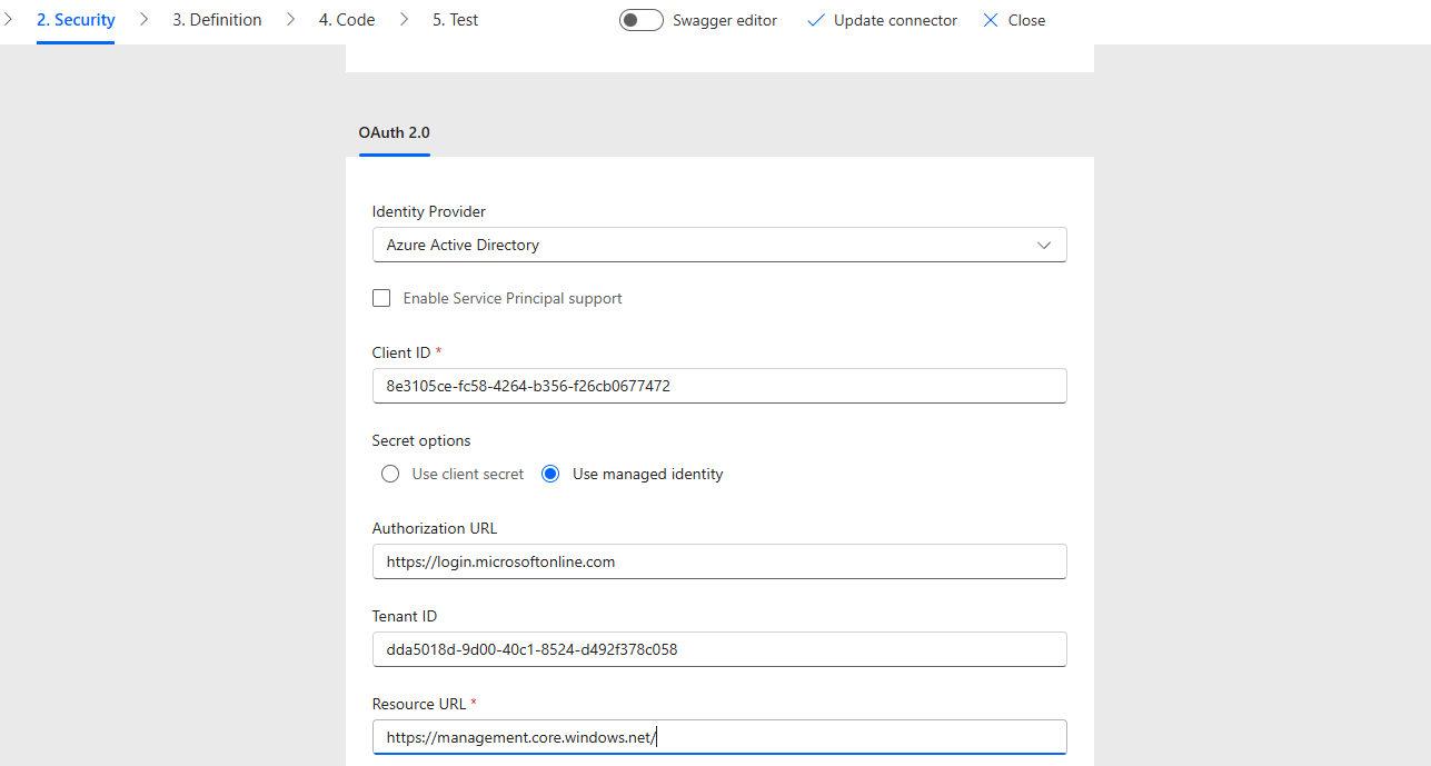 Screenshot of managed identity authentication option.