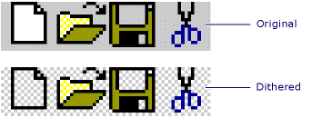 Comparison of dithered and original icon versions Comparison of dithered and original icon versions.