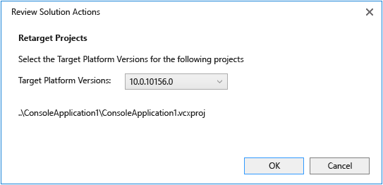 Screenshot of the Review Solution Actions dialog. Target Platform Versions is set to 10.0.10156.0