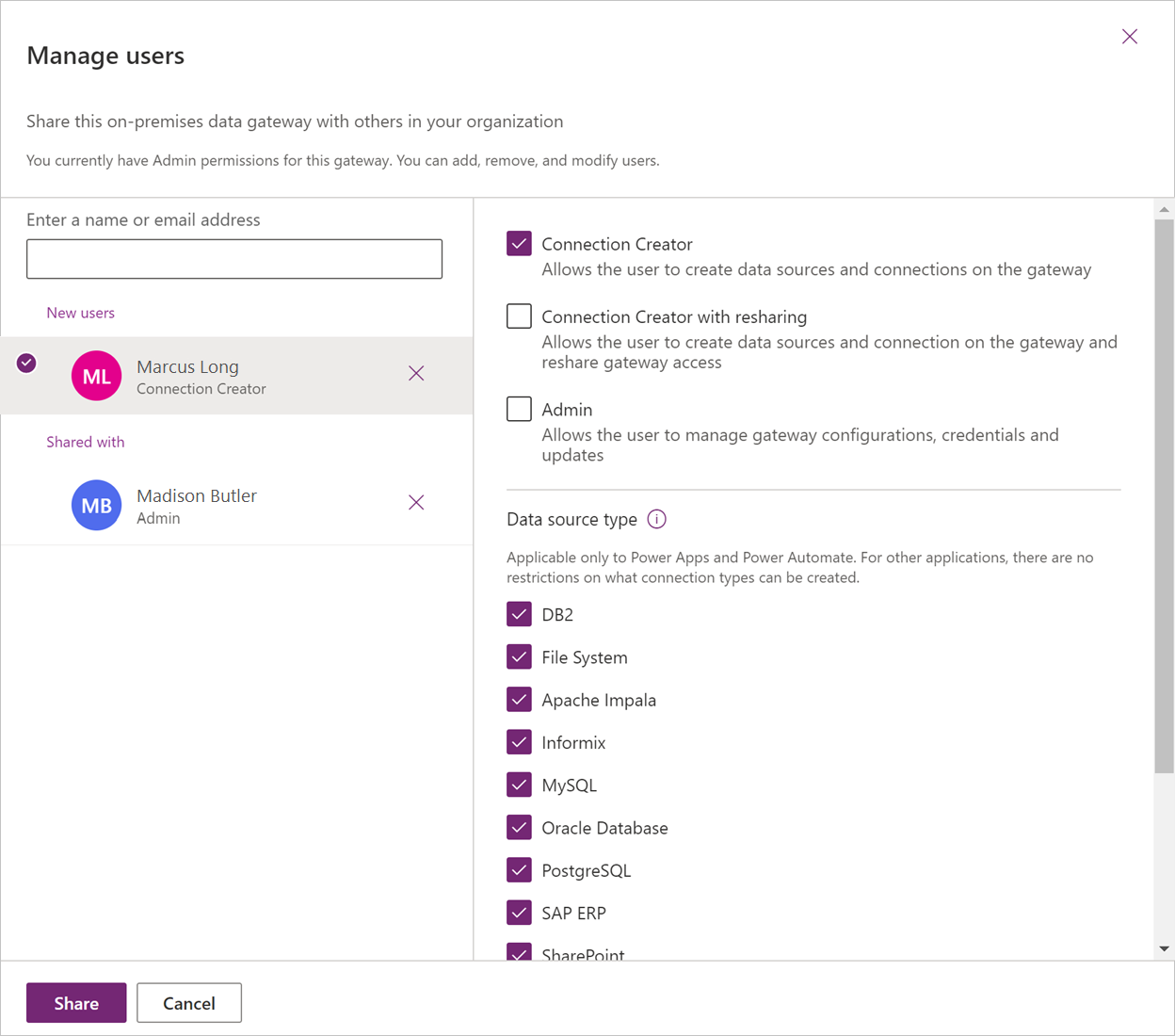 Screenshot of the Manage users dialog, with a new user emphasized, the Connection Creator role selected, and multiple data sources selected.