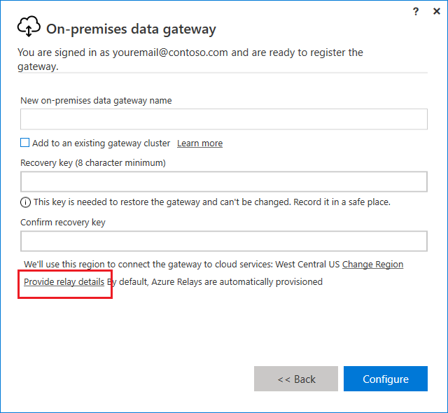 Screenshot of the on-premises data gateway registration page with the Provide relay details option emphasized.