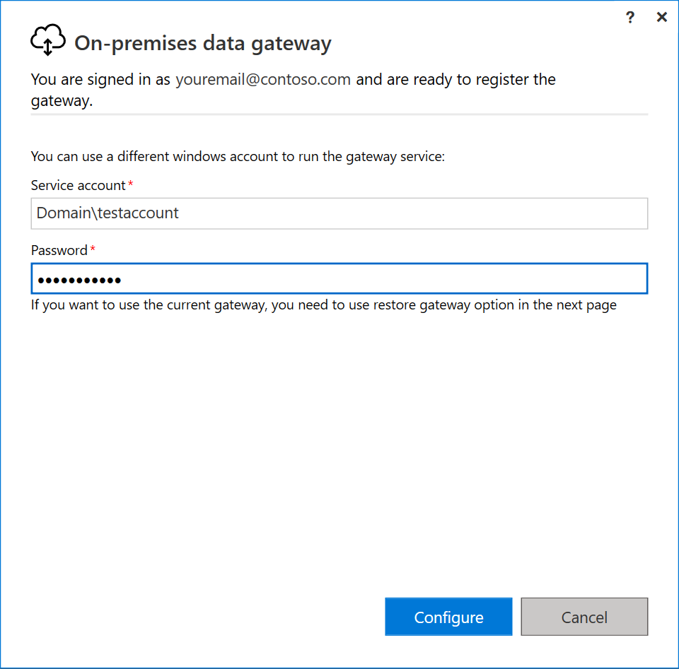 Screenshot of the configure option service account and password entries.