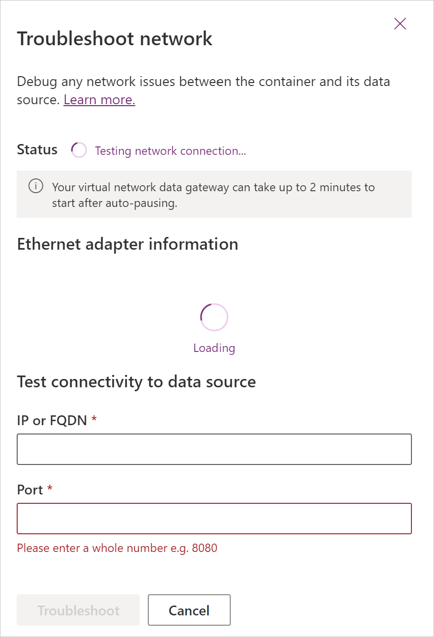Screenshot of the Troubleshoot network panel while the network connection is being tested.