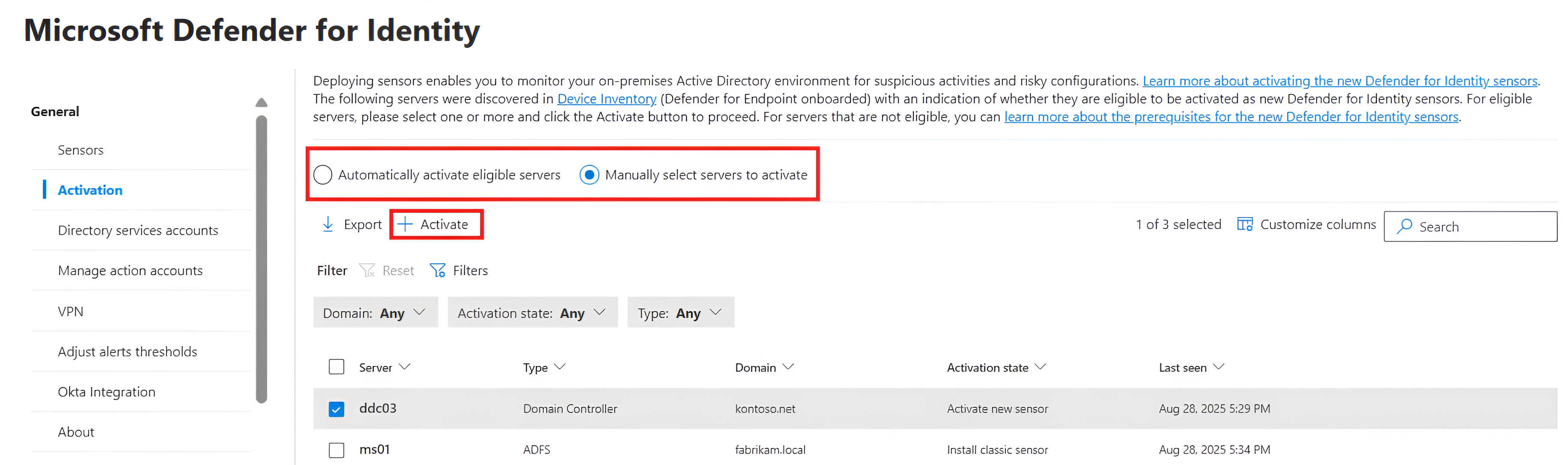 Screenshot that shows how to activate a new sensor.