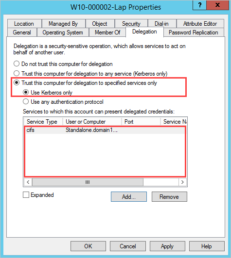 Screenshot that shows the option to trust this computer for delegation to specified services only.